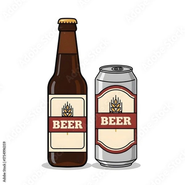 Obraz Brown Beer Bottle and Silver Can with Wheat Emblem – Classic Beverage Packaging on White Background