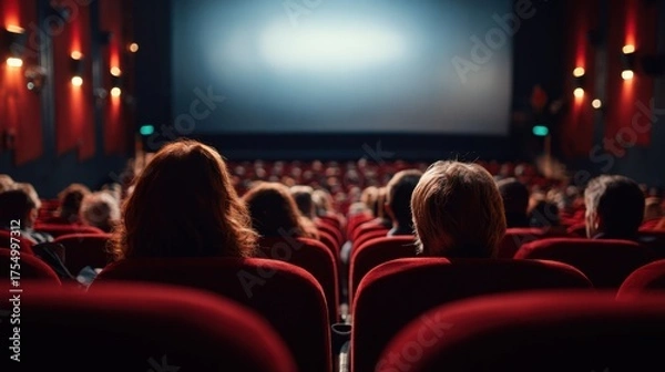Fototapeta A crowd waits quietly in red velvet seats eager for the film to begin as the screen glows.