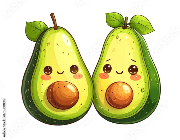Obraz Kawaii avocado couple with smiling faces, transparent background