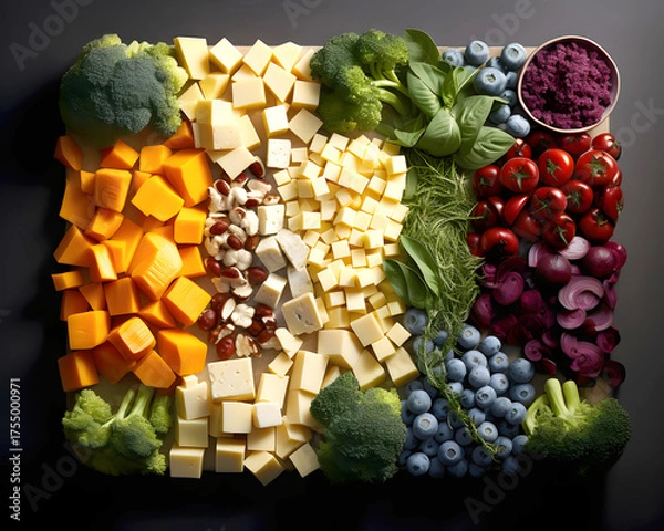 Fototapeta Colorful cheese and vegetable platter arranged beautifully for a gathering in a modern kitchen