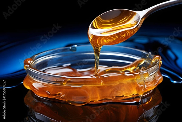 Fototapeta Golden honey dripping from a wooden dipper into a glass bowl on a dark background