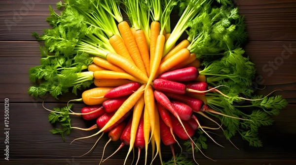 Obraz Colorful arrangement of fresh carrots and greens in a circular display during a farmers market event