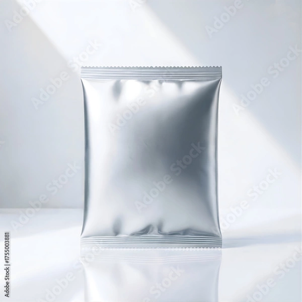 Obraz A blank silver foil pouch with a heat sealed top and bottom standing upright on a reflective white surface, isolated on white background