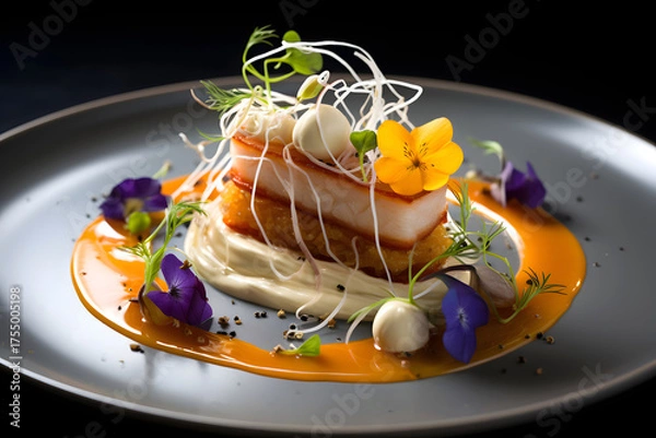 Fototapeta Culinary art created with layered pork belly served on a gourmet plate with edible flowers in a modern dining setting