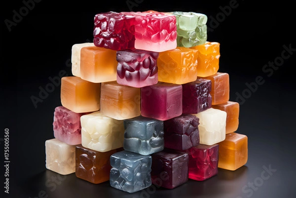 Fototapeta Colorful stack of gel cubes arranged in an artistic pyramid shape resembling a sweet treat display