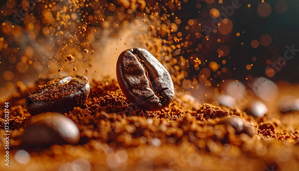 Fototapeta Roasted coffee beans with cocoa powder splash in warm brown tones