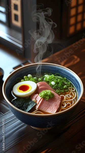Fototapeta Japan – Ramen: A steaming bowl of Japanese ramen with rich broth, noodles, sliced pork, soft-boiled egg, nori, and scallions, placed on a dark wooden counter, warm cozy atmosphere