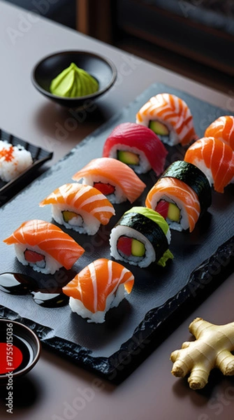 Fototapeta Japan – Sushi Platter: A traditional Japanese sushi platter with assorted nigiri and rolls (salmon, tuna, shrimp, avocado), served on a black slate board with soy sauce, wasabi, and pickled ginger
