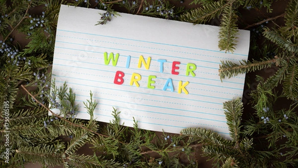Obraz School Winter Break concept with colorful foam letters on lined notebook paper surrounded by evergreen tree branches.