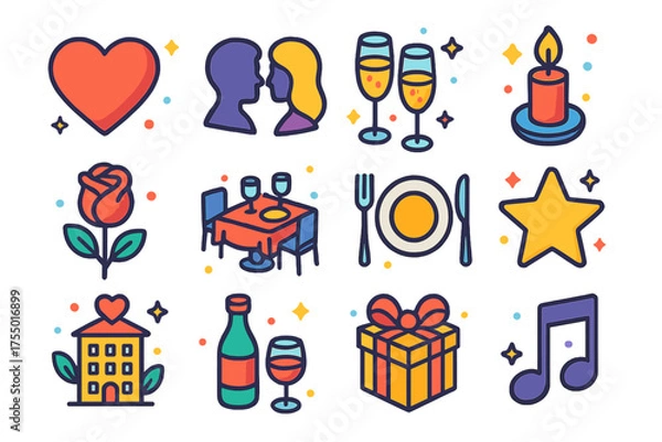 Fototapeta Romantic Dinner Icons. Romantic Dinner. Colorful isometric vector icons set of romantic dinner: heart, couple silhouette, champagne glasses, candle, flower,