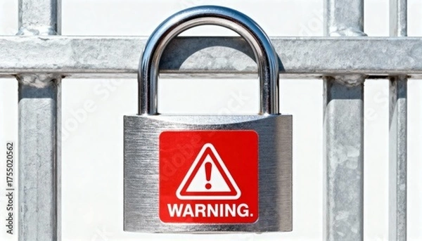 Fototapeta Security padlock with warning sign attached to a galvanized metal fence