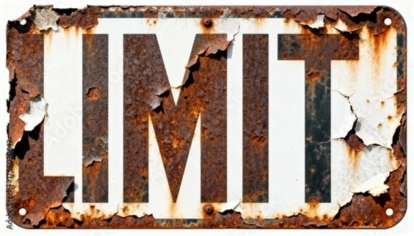 Fototapeta A close-up of a weathered and rusty metal sign with the word 'LIMIT'