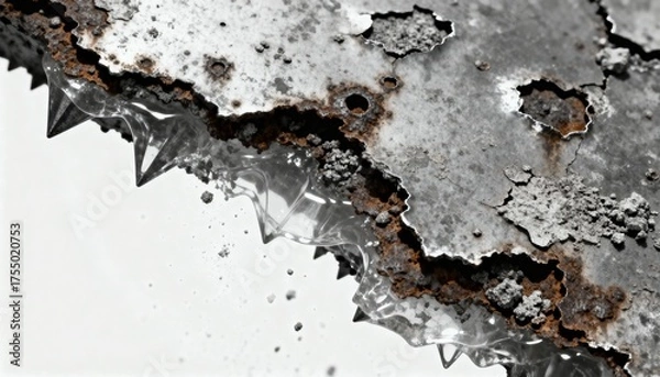 Fototapeta Abstract macro view of corroded metal texture with clear jagged formations and debris