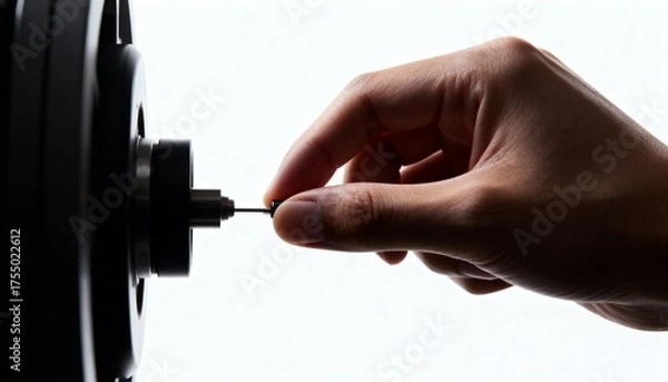 Fototapeta Hand inserting a small metal pin into a precision engineered black component.