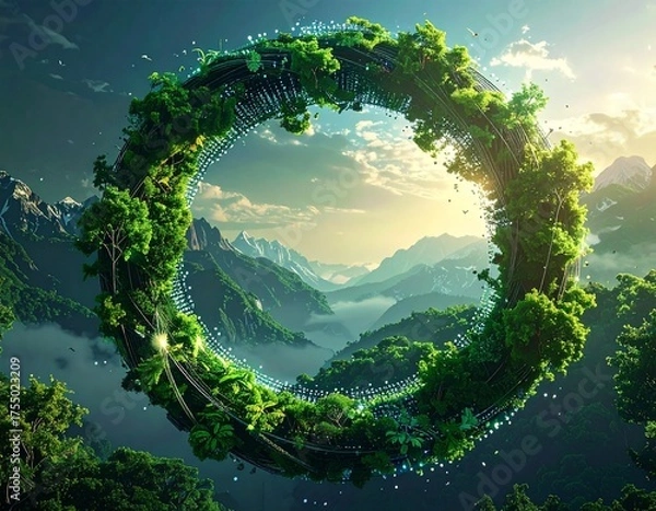 Obraz Green Circle Embrace Nature: An artistic rendering of a circular structure adorned with lush greenery floats against a breathtaking backdrop of mountains and a vibrant sky.