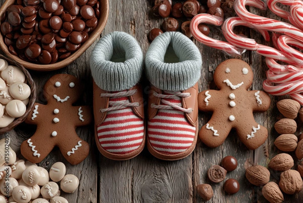 Obraz Cute baby shoes surrounded by gingerbread cookies, candy canes, and chocolates set on a rustic wooden table during the holiday season