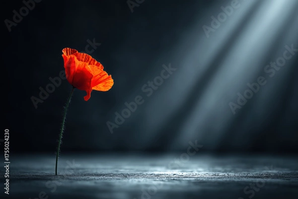 Obraz Bright red poppy flower stands alone in soft light against a dark background capturing a moment of beauty and solitude