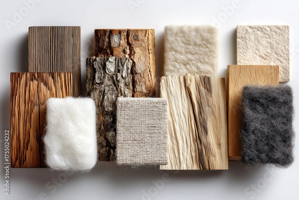 Obraz Textured materials showcase featuring wood, fabric, and natural fibers arranged aesthetically on a neutral background
