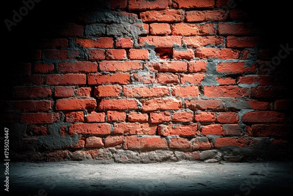 Obraz Red brick wall with weathered texture illuminated by soft light in a dimly lit setting