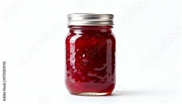 Fototapeta A glass jar filled with vibrant red fruit jam, sealed with a metal lid.