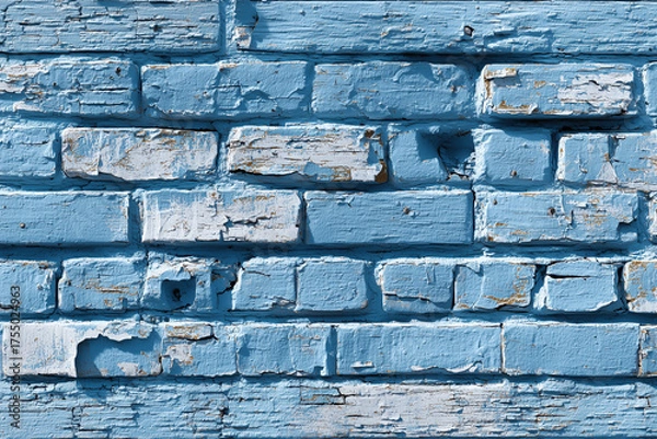 Obraz Blue brick wall with peeling paint and textured surface in a sunlit urban setting