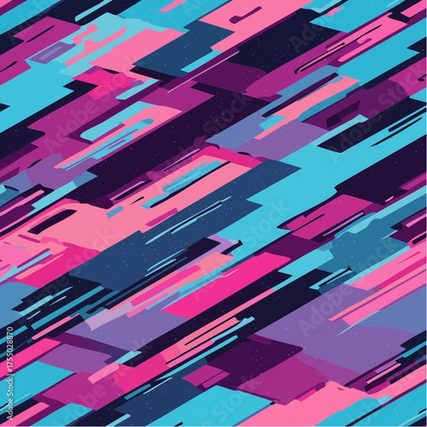 Fototapeta Abstract Cyberpunk Glitch Art Seamless Pattern. Vibrant digital noise and datamosh texture in neon magenta and cyan. Futuristic background for tech fashion.