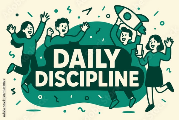 Fototapeta Daily Discipline Burst. Daily Discipline banner, flat vector illustration, bold oversized text inside rounded blob, cartoon characters jumping and waving,