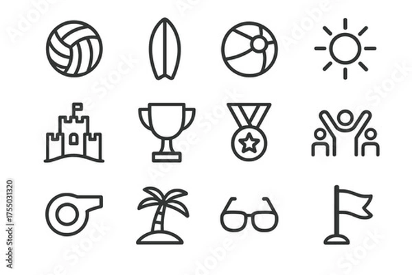 Fototapeta Beach Game Icons. Beach game party. Line icon set of Beach game party: volleyball, surfboard, beach ball, sun, sandcastle, trophy, medal, cheering crowd,