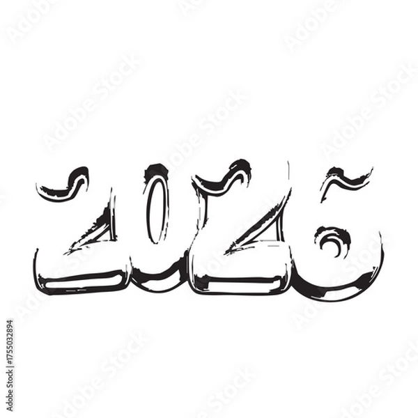 Obraz Stylized 2026 Vector — Black and White Illustration of Glossy, Inflated Digits with Artistic Distortion and 3D Effect