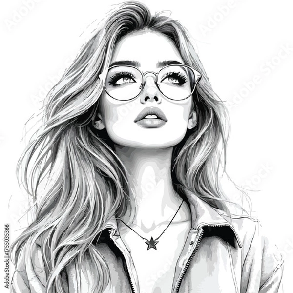 Obraz Realistic Portrait Vector — Black and White Illustration of Person with Wavy Hair, Glasses, Collared Shirt, and Star Pendant
