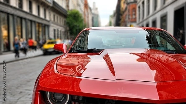 Obraz Red sports car parked on urban street, showcasing sleek design and glossy finish, surrounded by blurred pedestrians and city architecture, capturing the essence of modern automotive culture and lifest