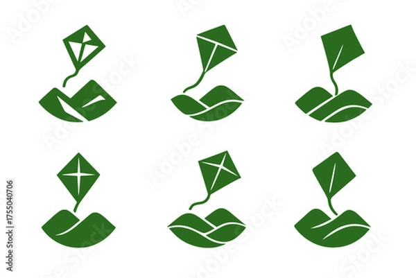Fototapeta Creative Kite Logos. Kite Flying. Set Logo of Kite Flying: kite soaring over hills. harmonious logo variations of the same emblematic concept, each with