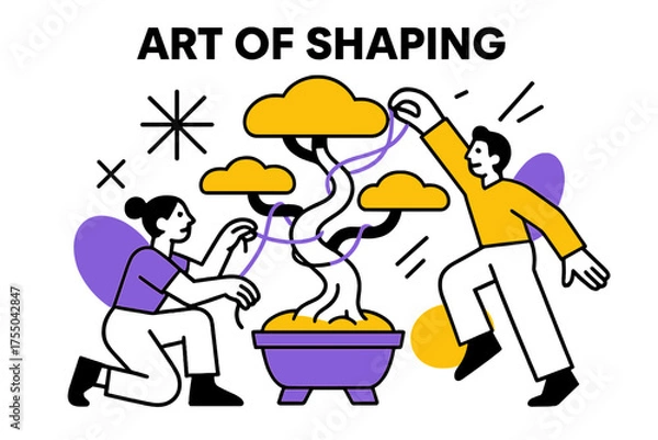 Fototapeta Glowing Bonsai Art. Art of Shaping. A glowing bonsai tree with wire wrapped around branches, abstract spark and line icons symbolizing discipline. Modern