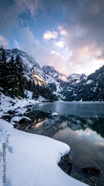 Fototapeta Snowy mountain landscape with a partially frozen lake reflecting the sky