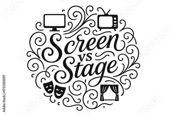 Fototapeta Screen vs Stage Lettering. Flourish Lettering: "Screen vs Stage" ? elegant swashes and curls around medium-thick letters, circular layout with symmetrical