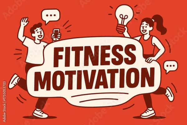 Fototapeta Dynamic Fitness Inspiration. Fitness motivation banner, flat vector illustration, bold oversized text inside sticker outline, cartoon characters dancing and