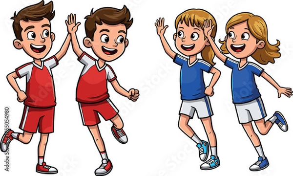 Obraz Happy cartoon children in sportswear giving high-fives, celebrating teamwork, friendship, and fun activity in dynamic energetic poses on white background