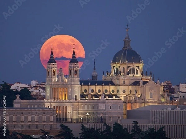 Obraz Full Moon Rising Behind Almudena Cathedral in Madrid, Spain