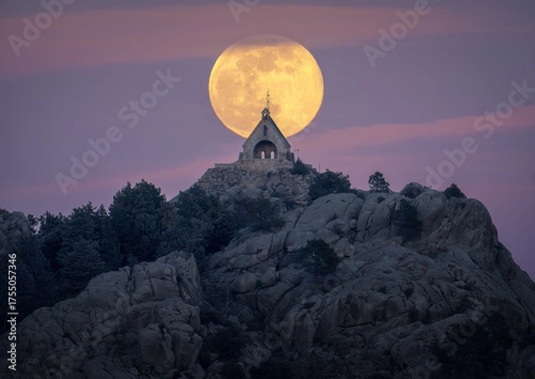 Obraz Full Moon Rising Behind a Mountain Chapel at Twilight