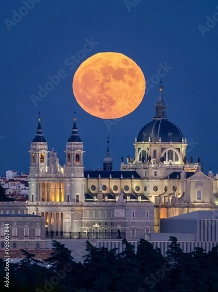 Obraz Full Moon Rising Behind an Illuminated Cathedral at Twilight