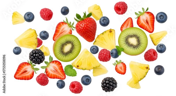 Obraz Assorted Fresh Fruits Scattered on Black Background