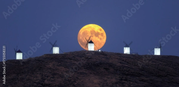 Obraz Full Moon Rising Behind Traditional Windmills at Twilight