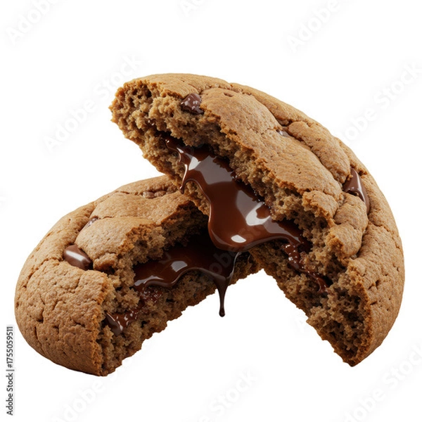 Obraz Gourmet, freshly baked chocolate chip cookie dynamically broken, revealing molten chocolate core, soft interior, crispy edges, steam rising, on transparent background, ultra-macro, dramatic