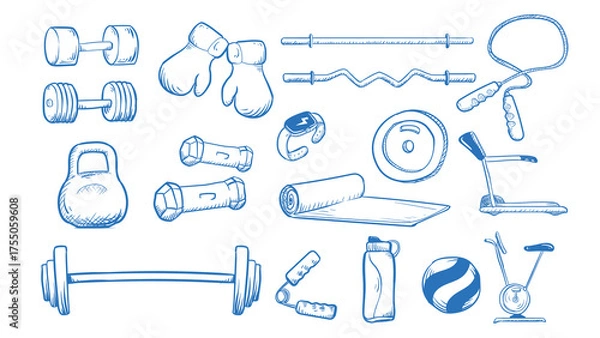 Fototapeta hand drawn set of gym fitness doodles vector illustration isolated in white color, line arts