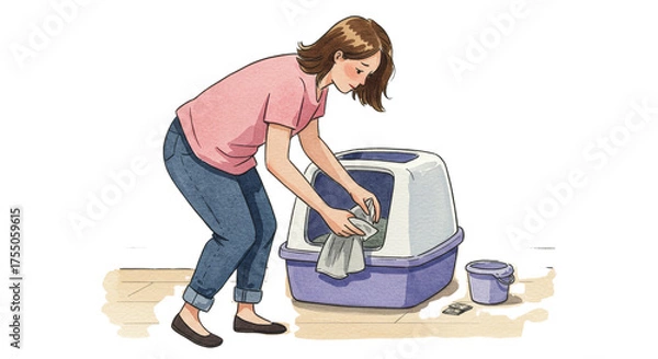 Fototapeta Woman cleaning cat litter box at home