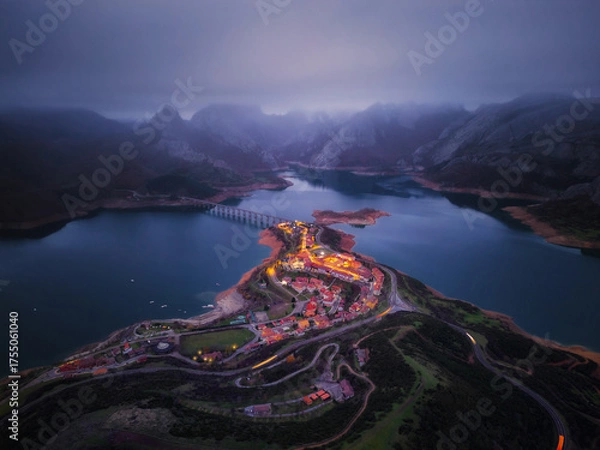 Obraz Aerial View of Mountain Village by the Lake at Dusk in Riaño León