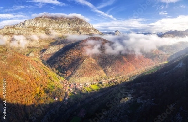 Obraz Aerial View of Misty Mountains and Autumn Forest Valley