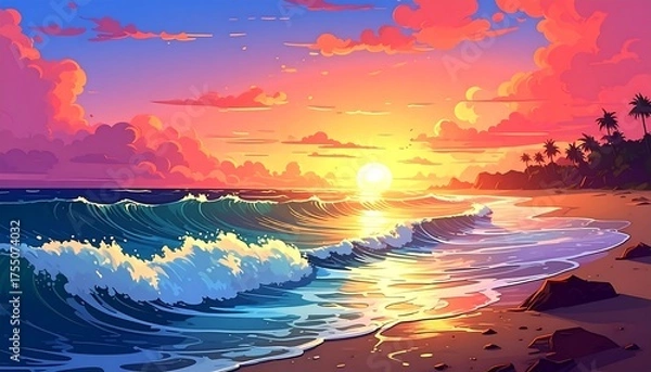 Fototapeta Tropical sunset over the ocean waves and beach, with palm trees