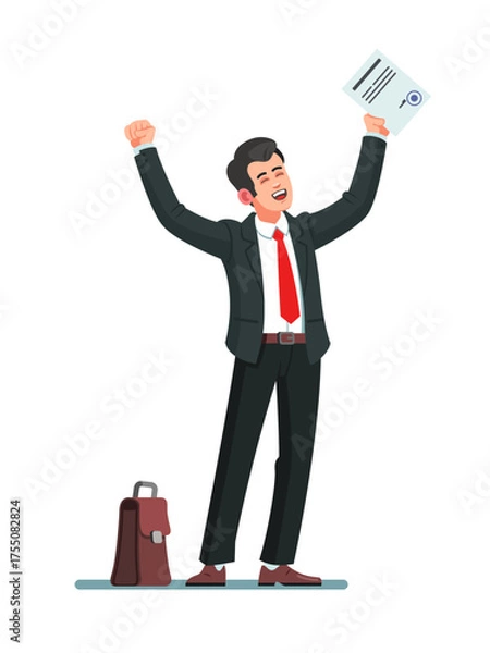 Fototapeta Business man in black suit celebrating success, in the hands holds a signed document. Modern flat style vector illustration clipart
