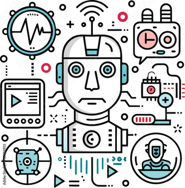 Fototapeta Funny cartoon robot and character icon set for technology and social media design